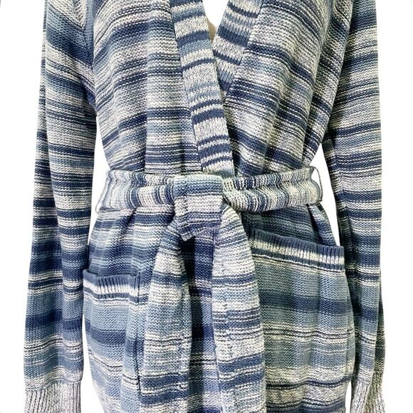 NWT Lauren Ralph Lauren Blue Striped Belted Linen-Cotton Cardigan Size Medium - Picture 5 of 15